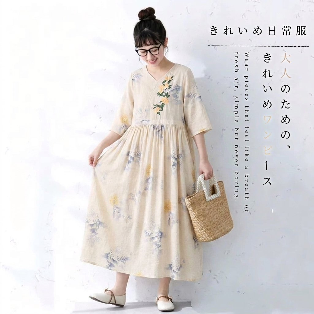 綿麻 花柄 接触冷感 刺繍 ワンピース