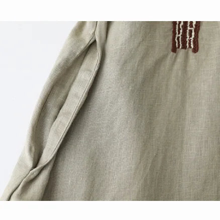 リネン 刺繍 五分袖 ラウンドネック ワンピース