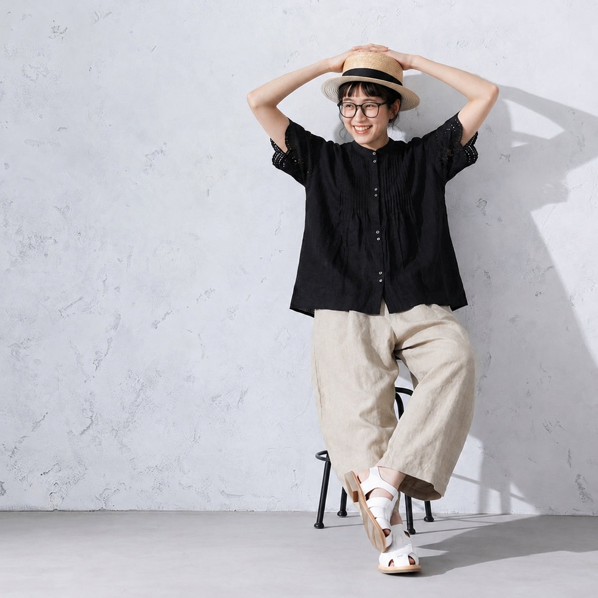 綿麻 カットワーク 半袖トップス＆パンツ 2点セット