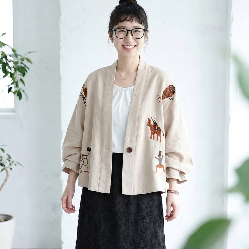 綿麻 刺繍 ボタン レトロ カーディガン