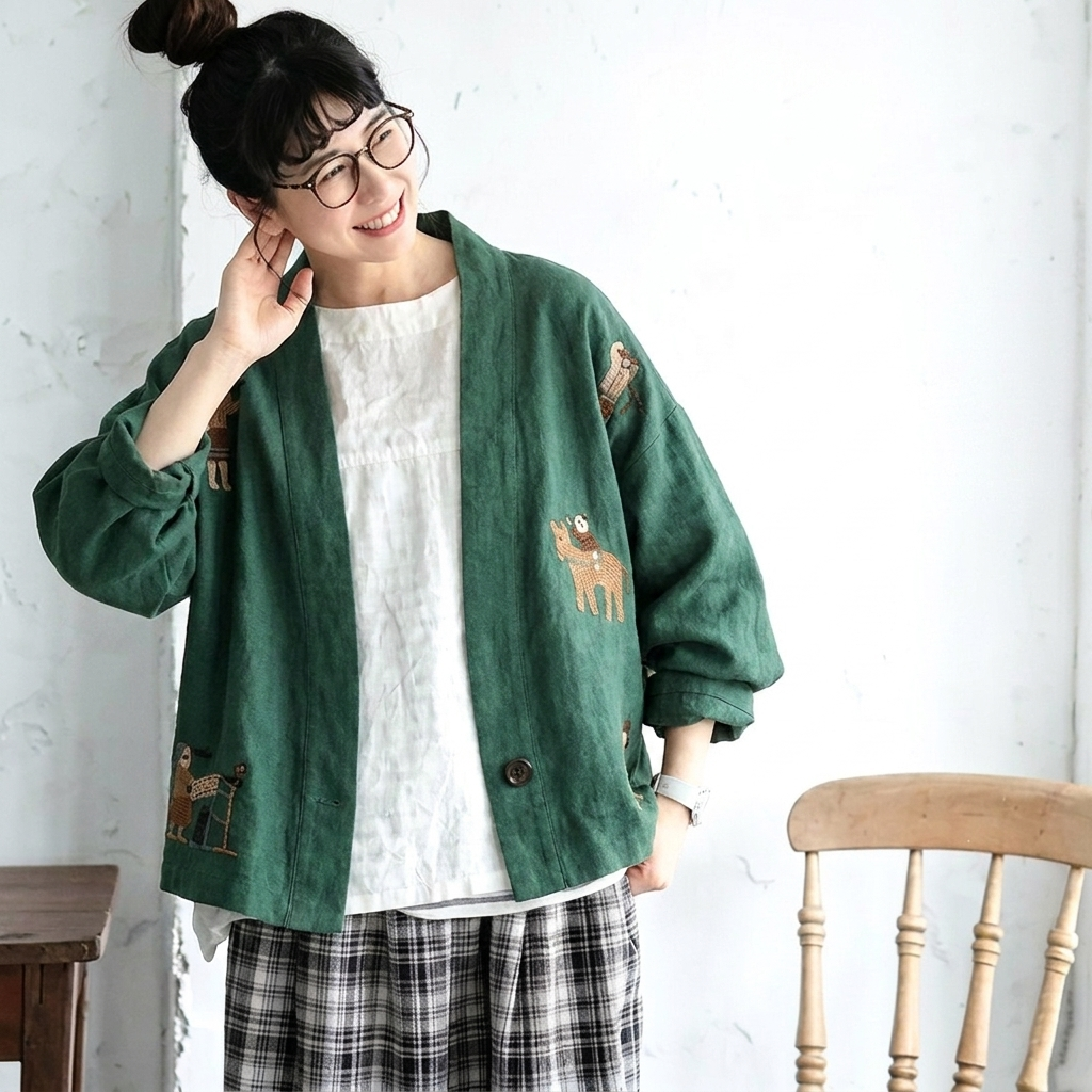 綿麻 刺繍 ボタン レトロ カーディガン