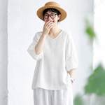 刺繍 レトロ 無地 Vネック Tシャツ