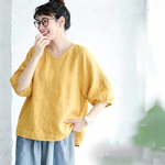 刺繍 レトロ 無地 Vネック Tシャツ