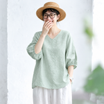 刺繍 レトロ 無地 Vネック Tシャツ