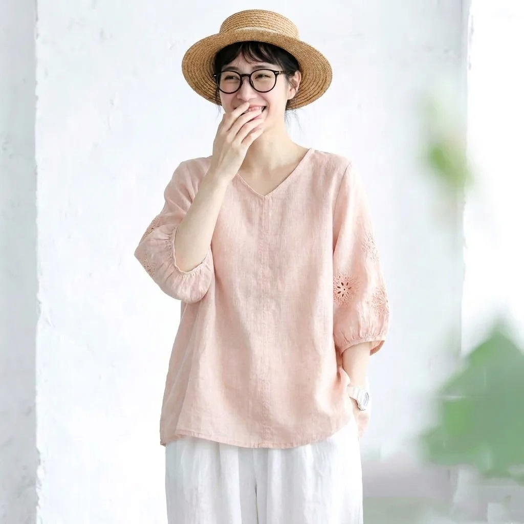 刺繍 レトロ 無地 Vネック Tシャツ