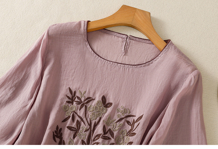 レトロ 刺繍 七分袖 ラウンドネック Tシャツ