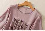 レトロ 刺繍 七分袖 ラウンドネック Tシャツ