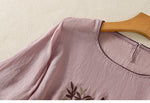 レトロ 刺繍 七分袖 ラウンドネック Tシャツ