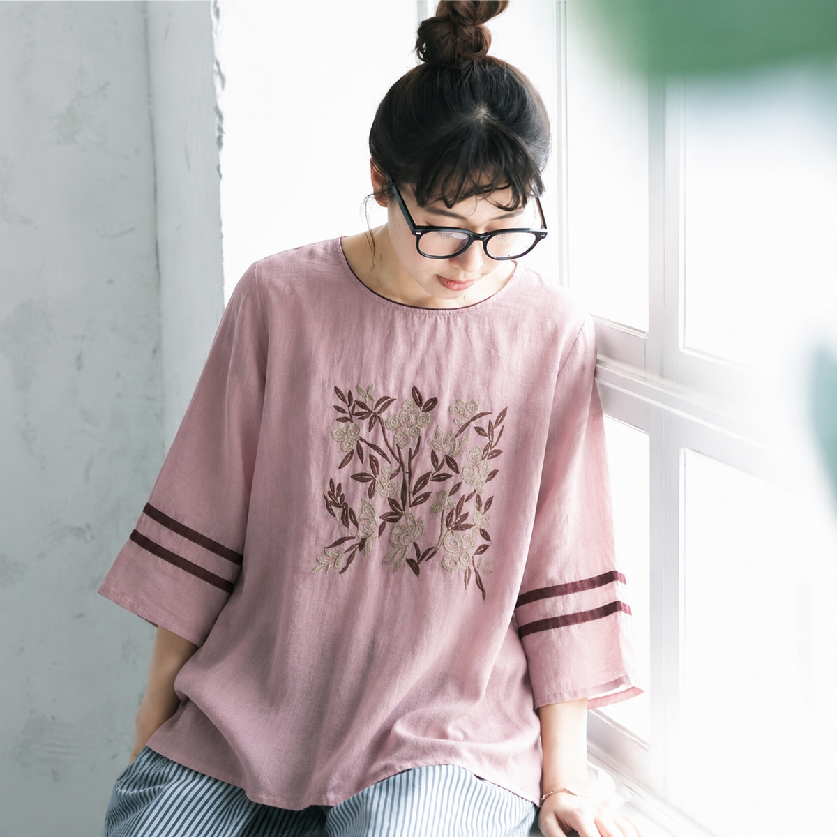 レトロ 刺繍 七分袖 ラウンドネック Tシャツ