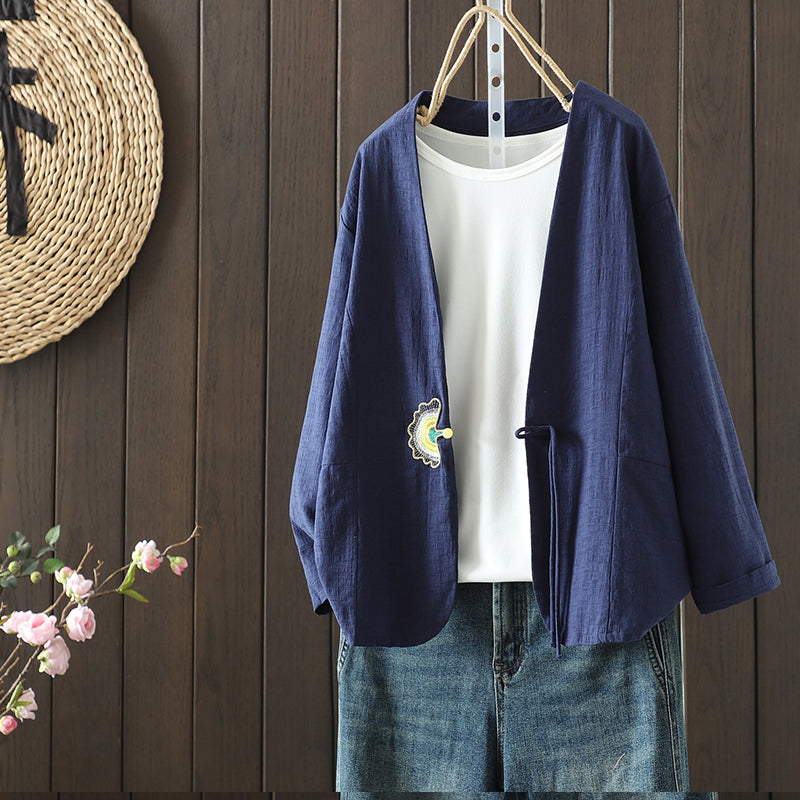 無地 刺繍 長袖 ボタン カーディガン