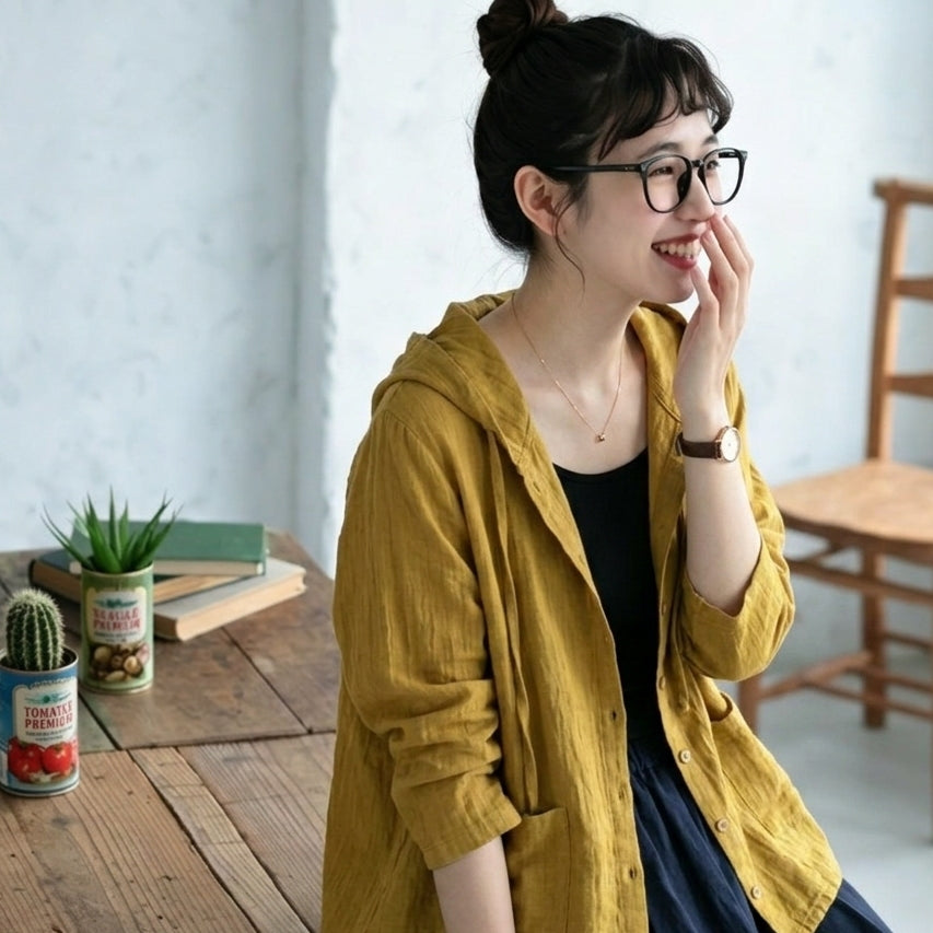 コットン XL～5XL 無地 ボタン フード付き 長袖 シャツ