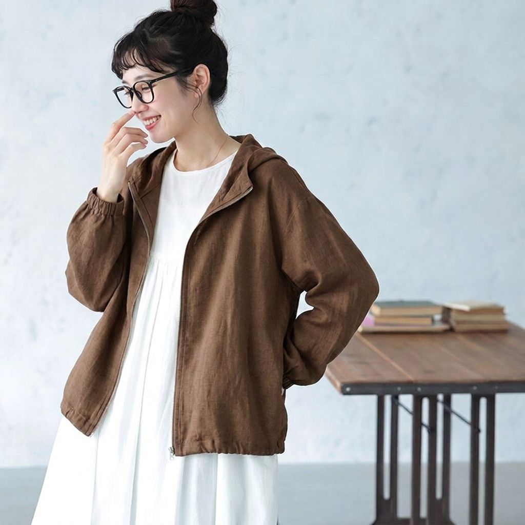 M～4XL そよ風をあつめるフードの綿麻ジャケット