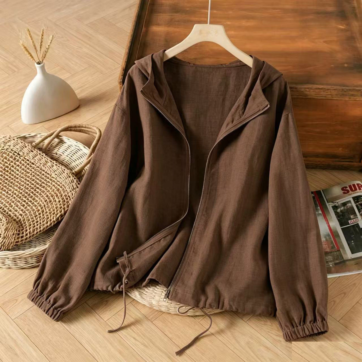 M～4XL そよ風をあつめるフードの綿麻ジャケット