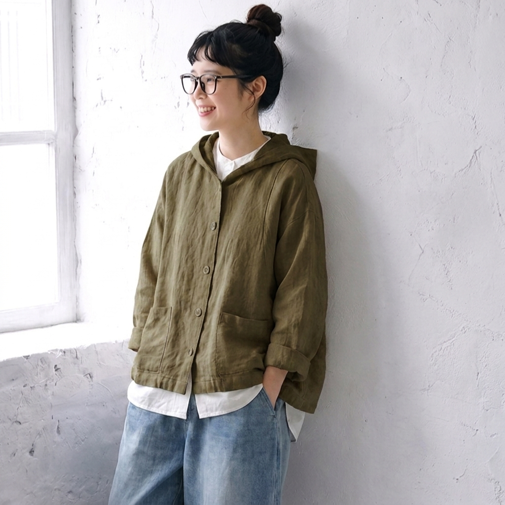 綿麻 フード付き レトロ ジャケット