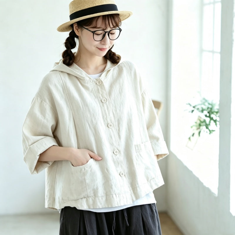 綿麻 フード付き レトロ ジャケット