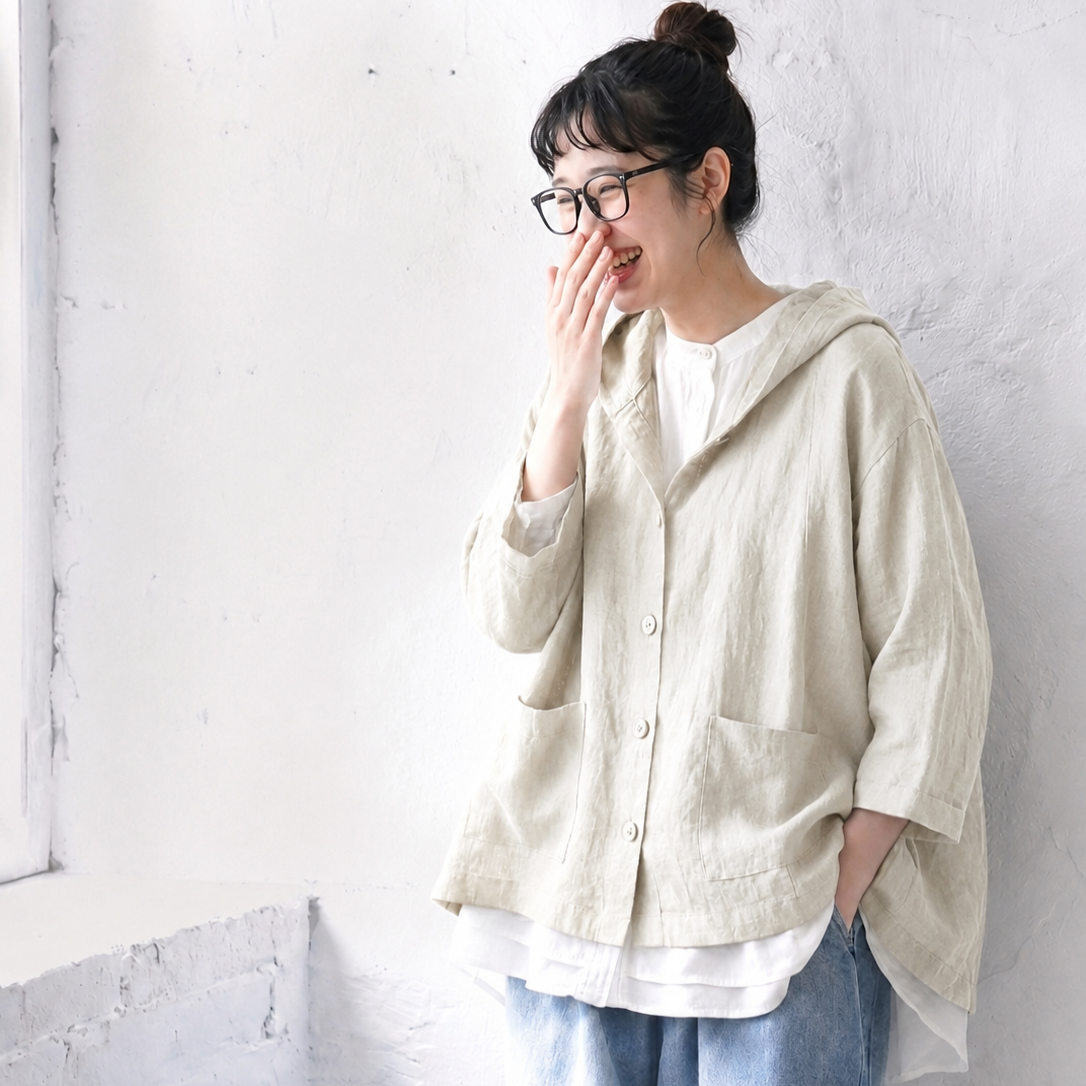 綿麻 フード付き レトロ ジャケット