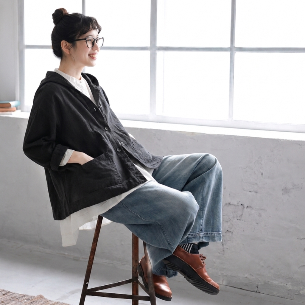 綿麻 フード付き レトロ ジャケット