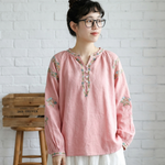 ボタン Vネック 長袖 刺繍 シャツ