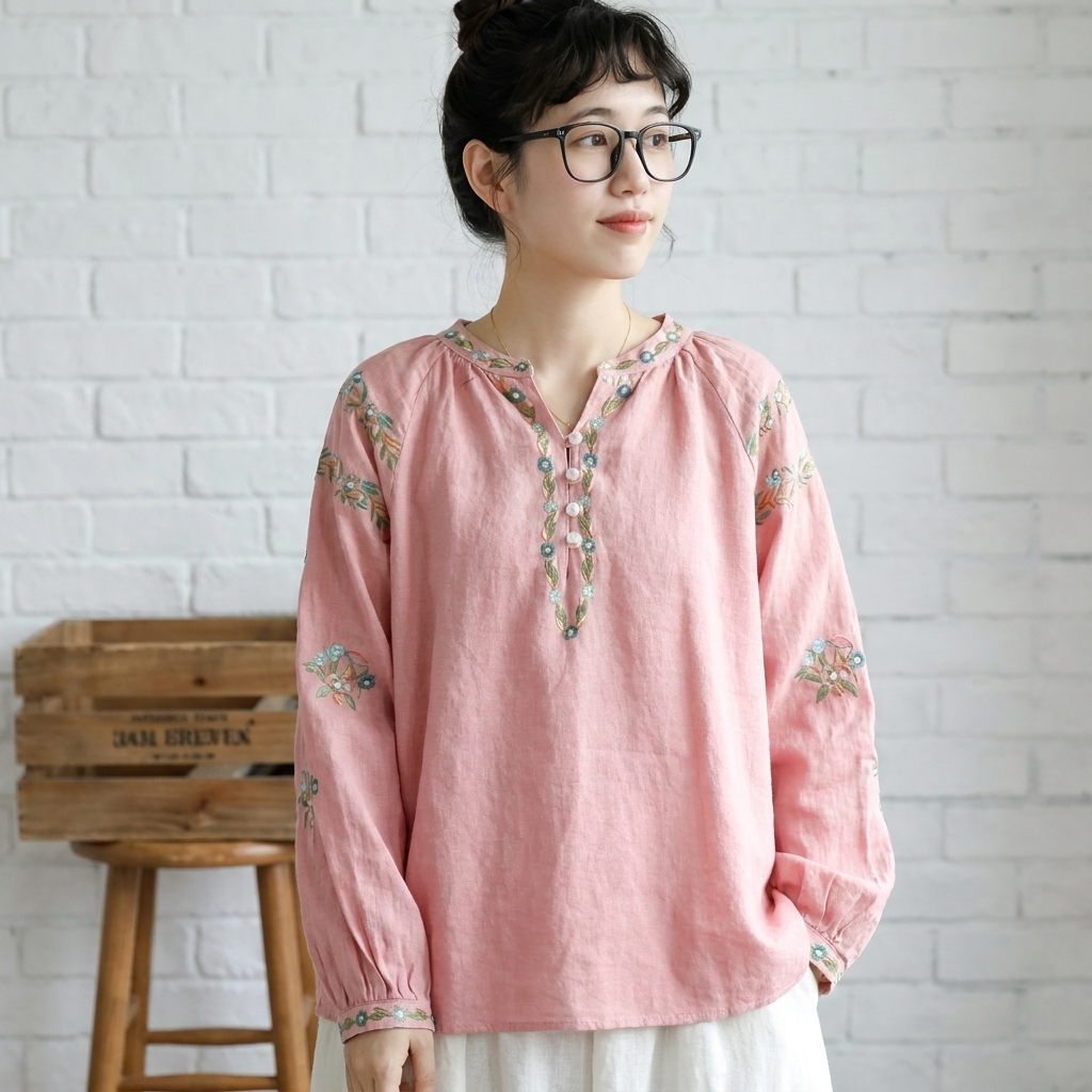 ボタン Vネック 長袖 刺繍 シャツ