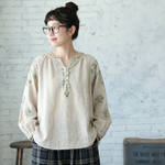 ボタン Vネック 長袖 刺繍 シャツ