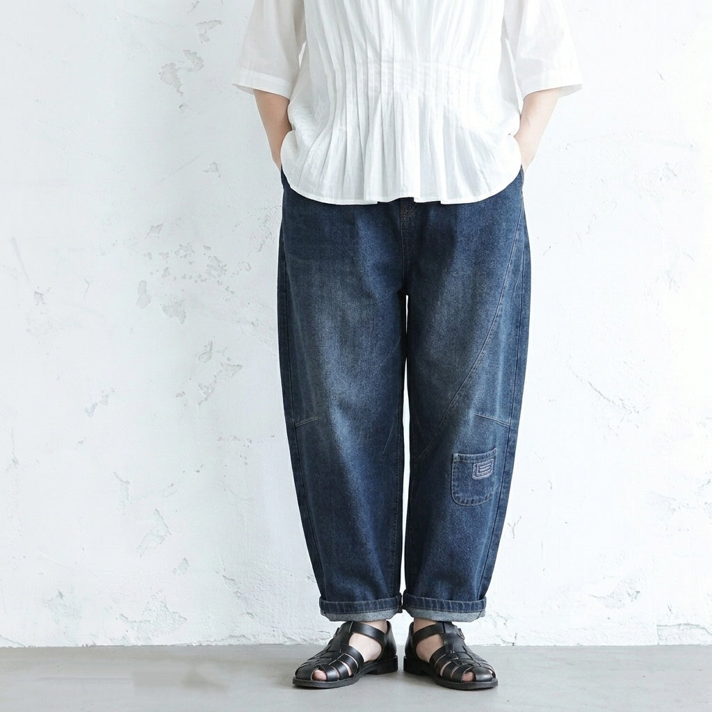 ヴィンテージ加工 刺繍 ハイウエスト デニム アンクル丈（9分丈） ジーンズ