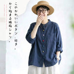 綿麻 長袖 スタンドネック ボタン 無地 シャツ