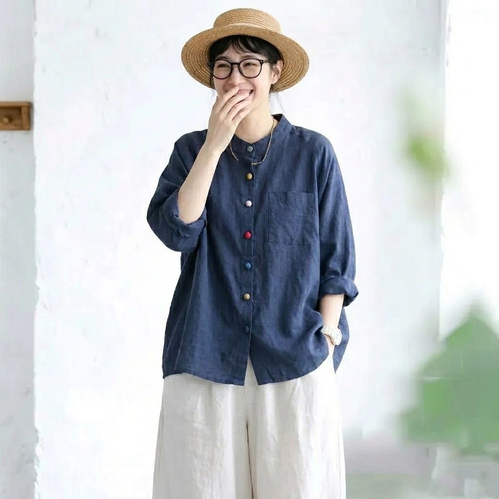 綿麻 長袖 スタンドネック ボタン 無地 シャツ