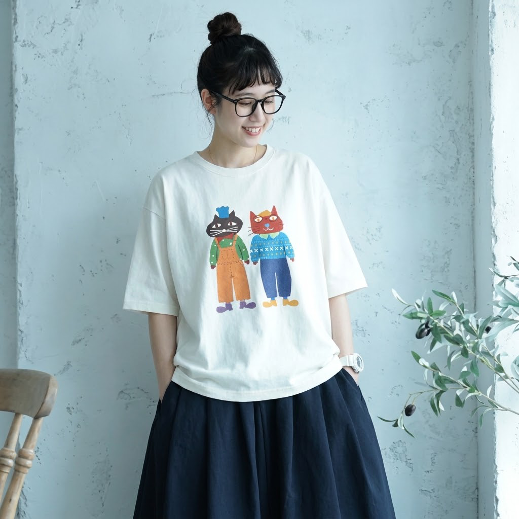 コットン プリント 半袖 ラウンドネック カートゥーン Tシャツ
