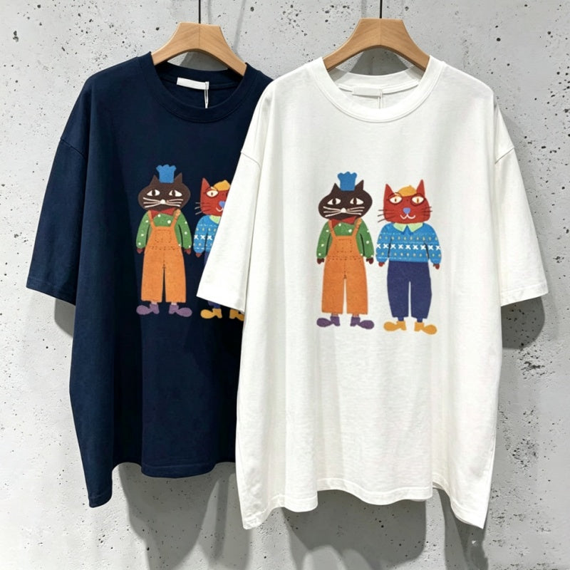 コットン プリント 半袖 ラウンドネック カートゥーン Tシャツ
