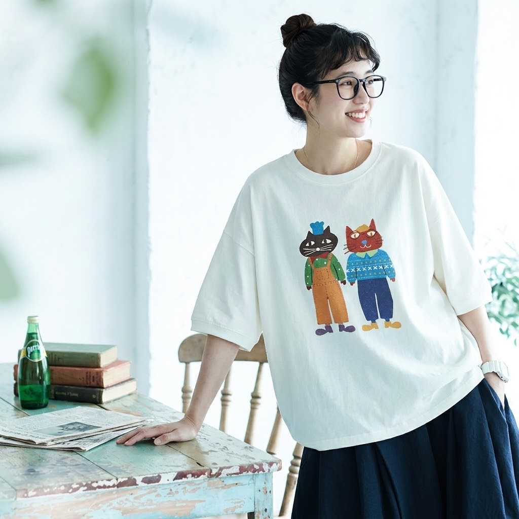 コットン プリント 半袖 ラウンドネック カートゥーン Tシャツ