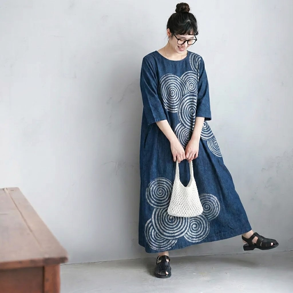 S～4XL 配色 Aライン プリント 七分袖 ワンピース