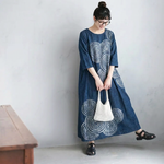 S～4XL 配色 Aライン プリント 七分袖 ワンピース