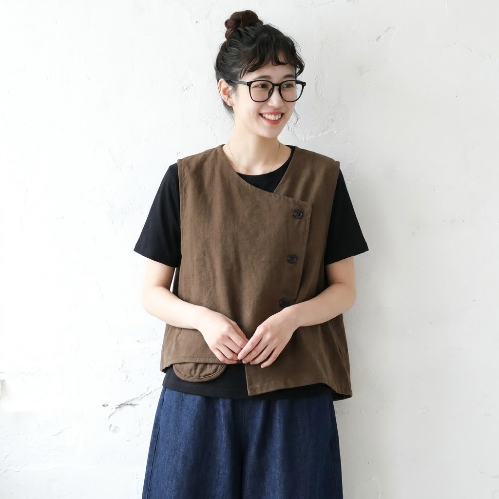 こういうの、なんか好き。アシンメトリー ボタン ノースリーブ レトロ ベスト
