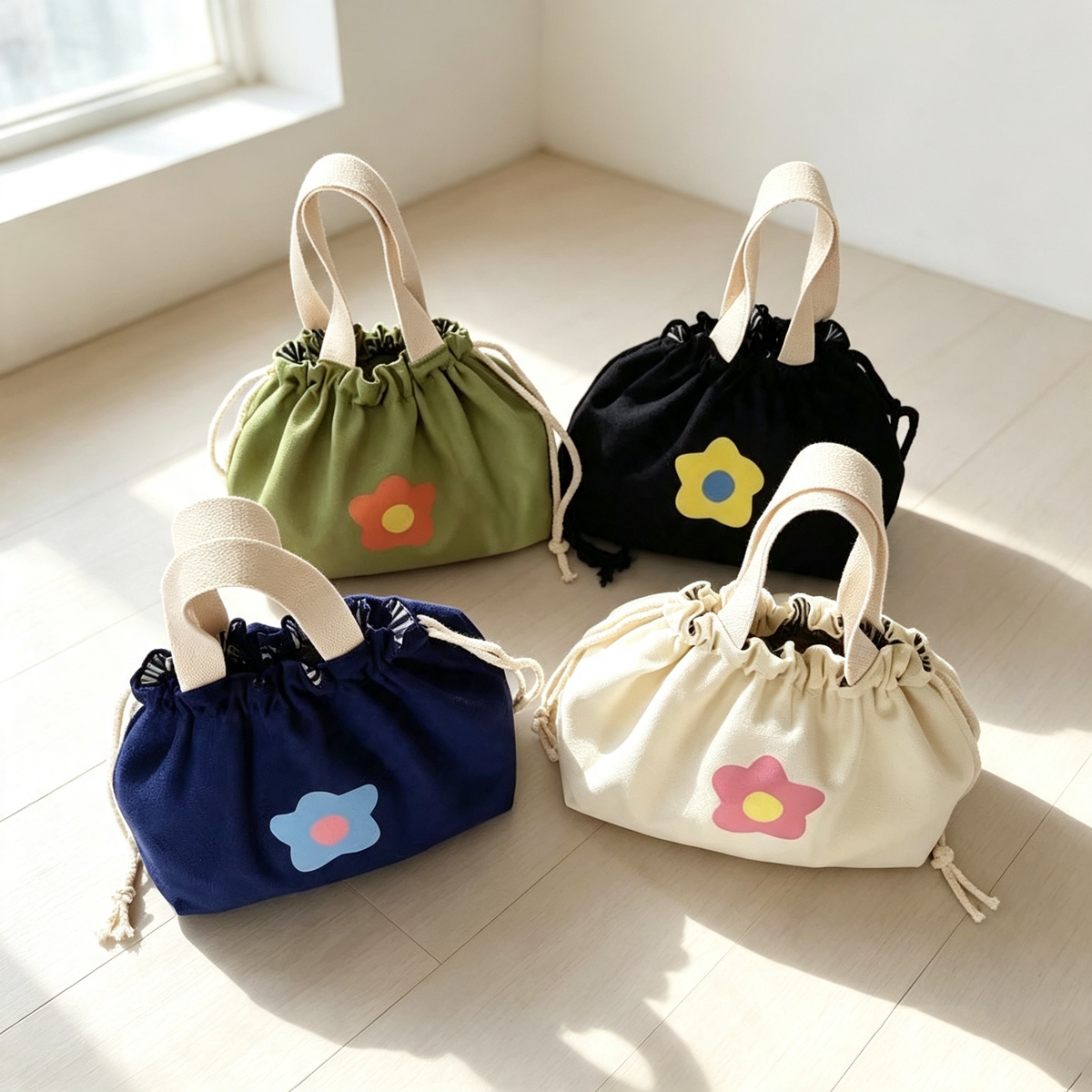 花柄 巾着タイプ キャンバスバッグ