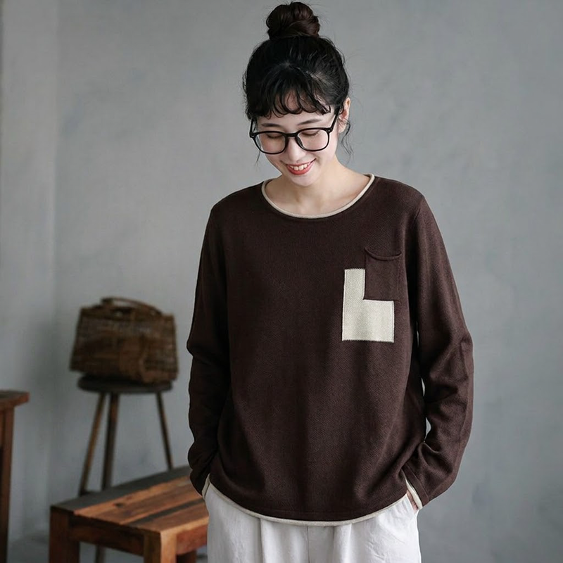 配色ポケット クルーネック長袖Tシャツ