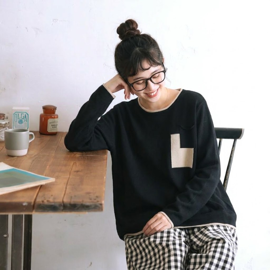 配色ポケット クルーネック長袖Tシャツ