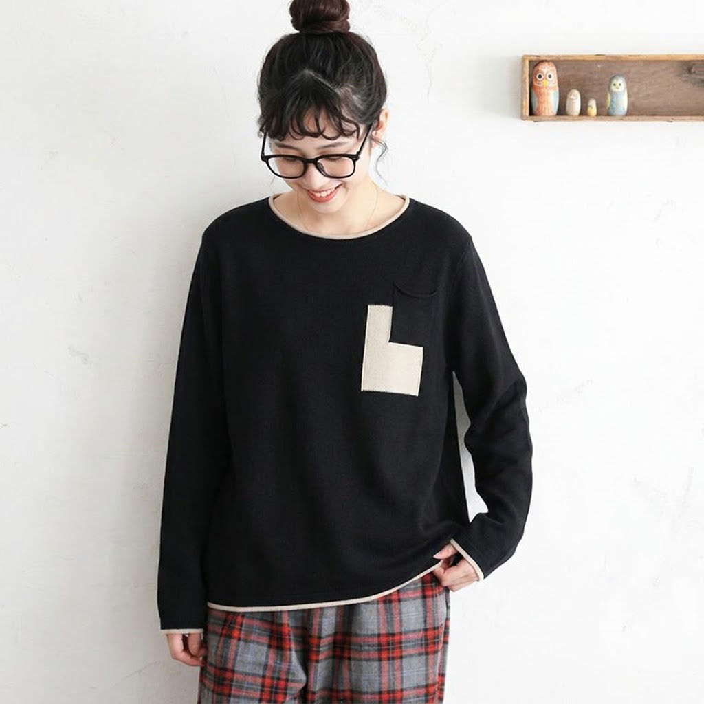 配色ポケット クルーネック長袖Tシャツ