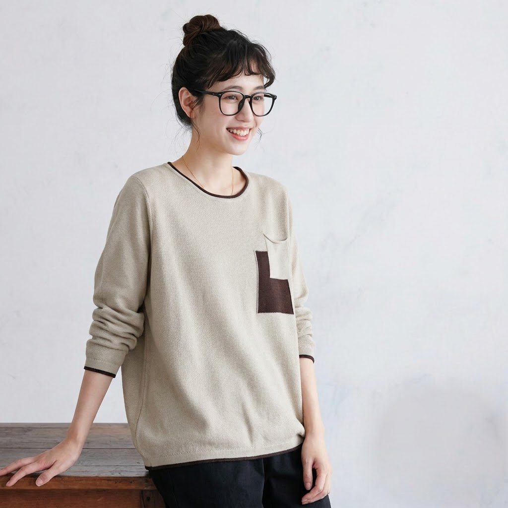 配色ポケット クルーネック長袖Tシャツ