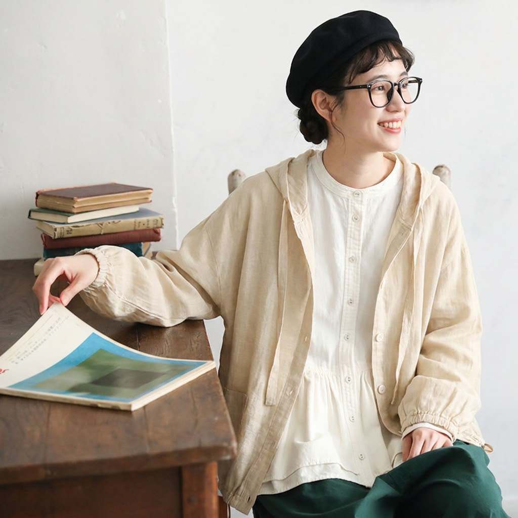 無地 ポケット付き バルーンスリーブ ボタン 長袖 フード付き カーディガン