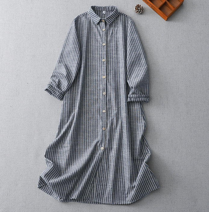レトロ ポロ襟 ストライプ柄 ロング丈 シャツワンピース