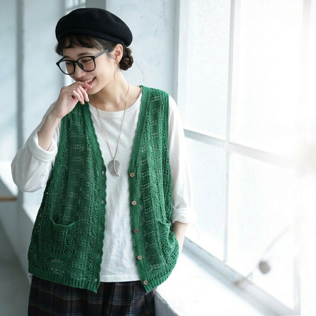 無地 カットワーク ノースリーブ Vネック ニット レトロ ベスト