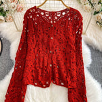 無地 Vネック ボタン開き レトロ 透かし編み 長袖 カーディガン