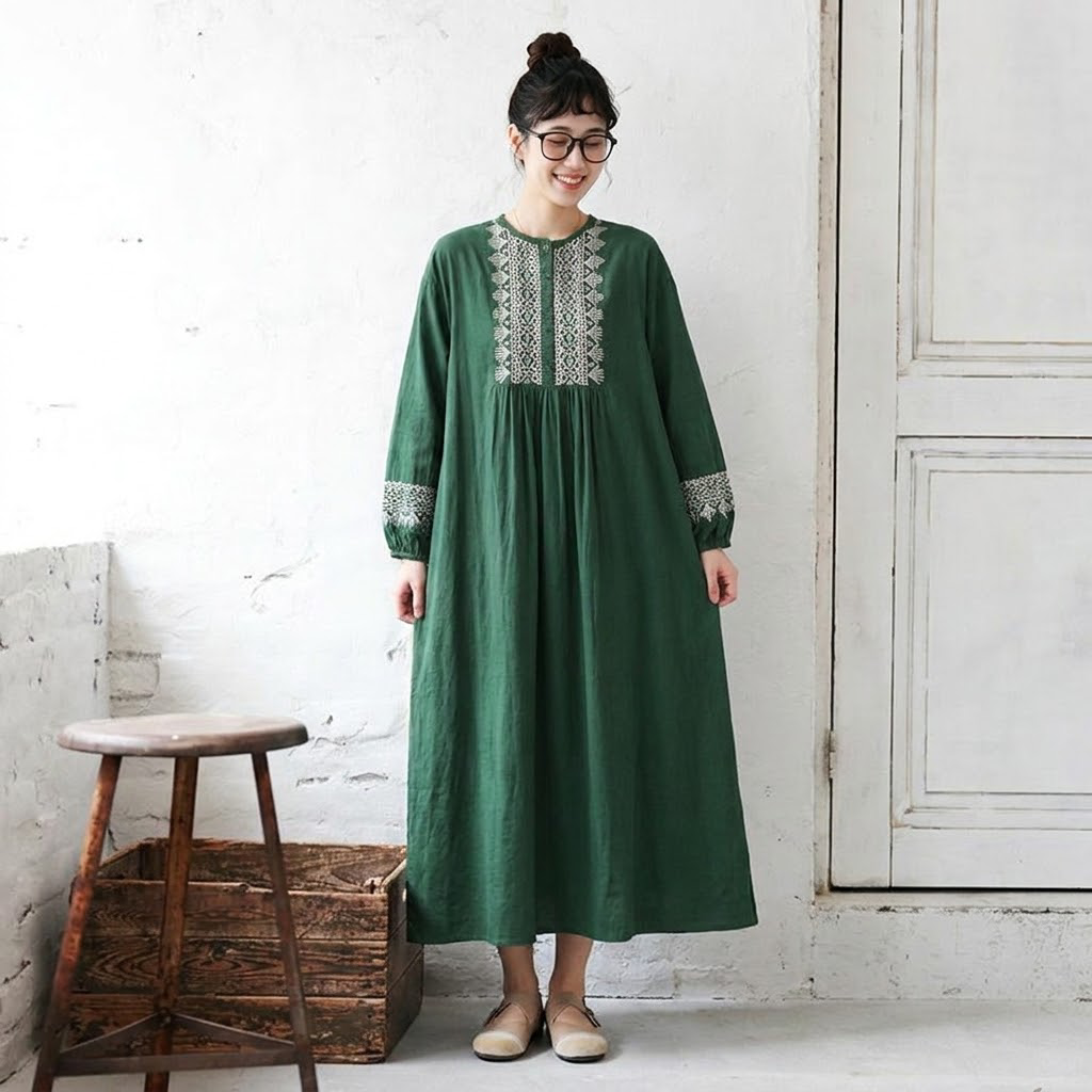 配色 刺繍 長袖 ラウンドネック ワンピース