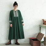 配色 刺繍 長袖 ラウンドネック ワンピース