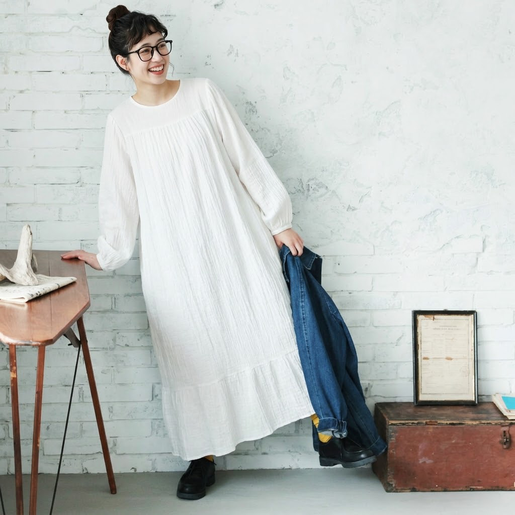 S～5XL レトロ 無地 長袖 バルーンスリーブ ワンピース