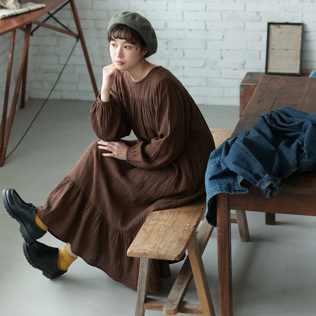S～5XL レトロ 無地 長袖 バルーンスリーブ ワンピース