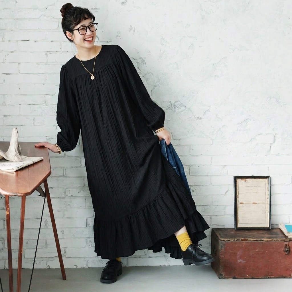 S～5XL レトロ 無地 長袖 バルーンスリーブ ワンピース