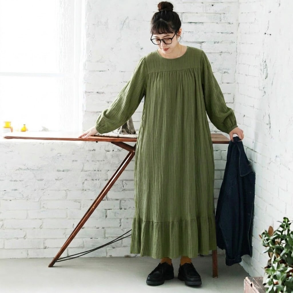 S～5XL レトロ 無地 長袖 バルーンスリーブ ワンピース