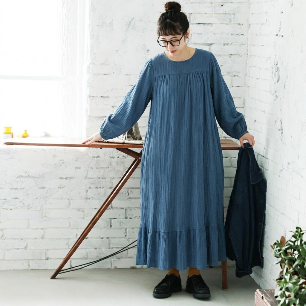 S～5XL レトロ 無地 長袖 バルーンスリーブ ワンピース