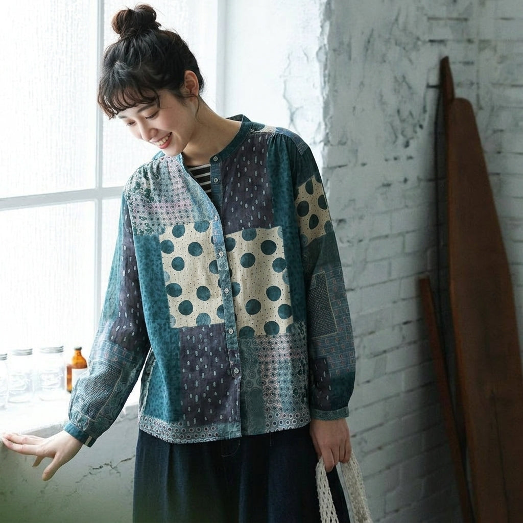 花柄 レトロ シングルブレスト スタンドネック 長袖 シャツ